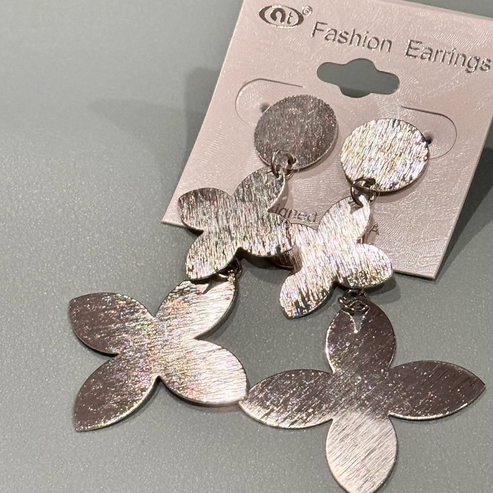 Large Silver Metal Flower Drop Statement Earrings — Brushed Petal Finish 3 inch